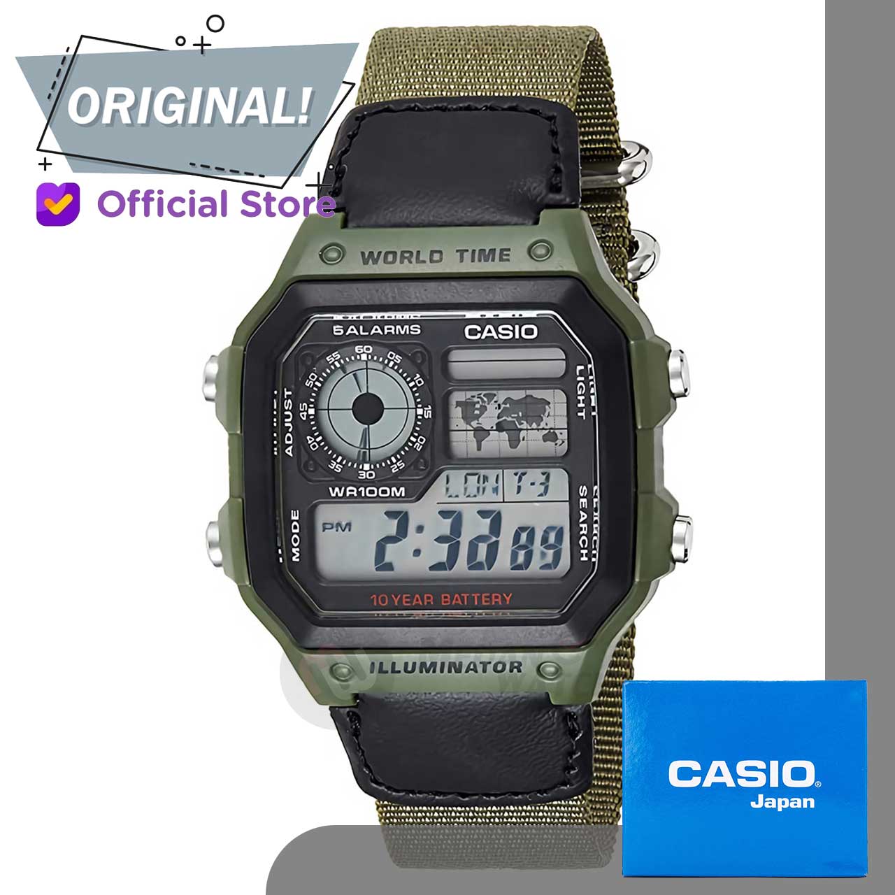Casio Reloj de Cuarzo Japonés AE-1200WHB-3BVDF (D101) 39 mm, Verde, Correa : Casio Casio Reloj de Cuarzo Japonés AE-1200WHB-3BVDF (D101) 39 mm, Verde, Correa : Casio